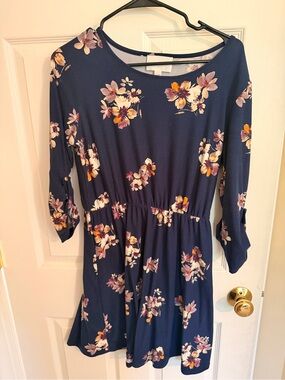 French Grey Navy Floral Fit-and-Flare Long Sleeve Dress